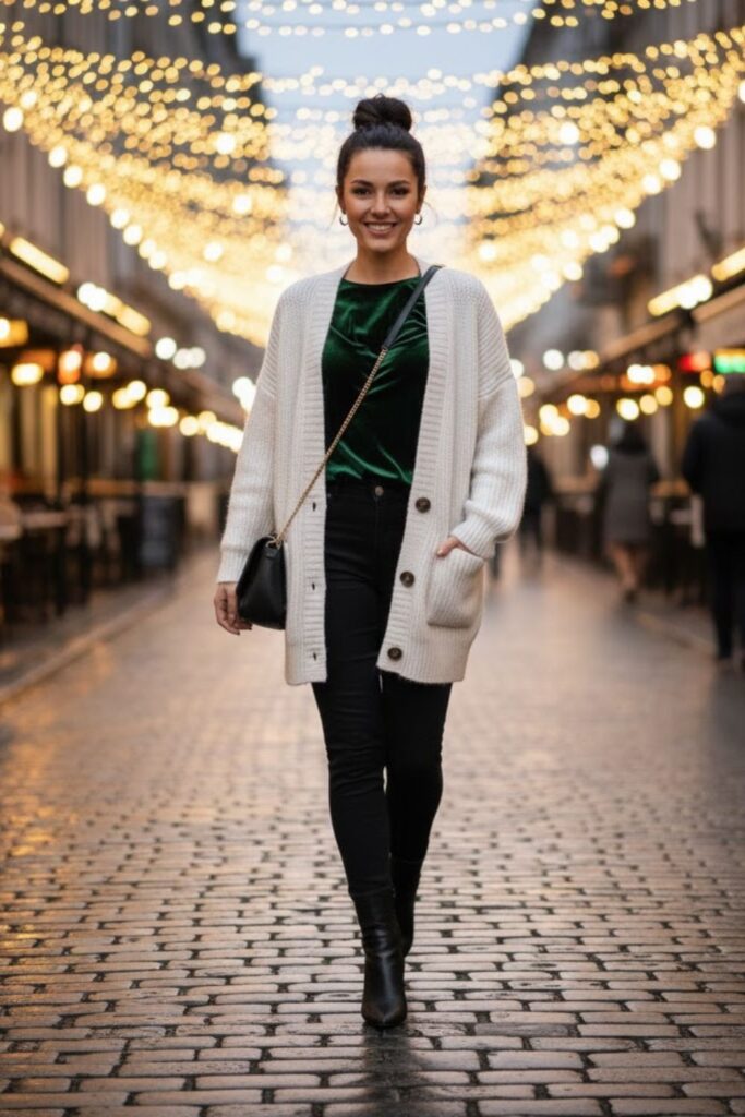 9. White Cardigan with a Velvet Top and Dark Jeans