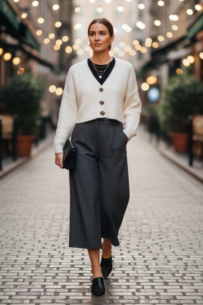 9. White Cropped Cardigan with Culottes and Mules