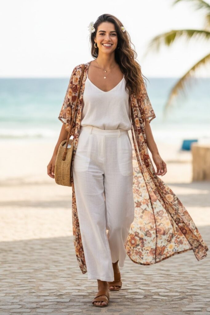 9. White Linen Trousers with a Lightweight Kimono