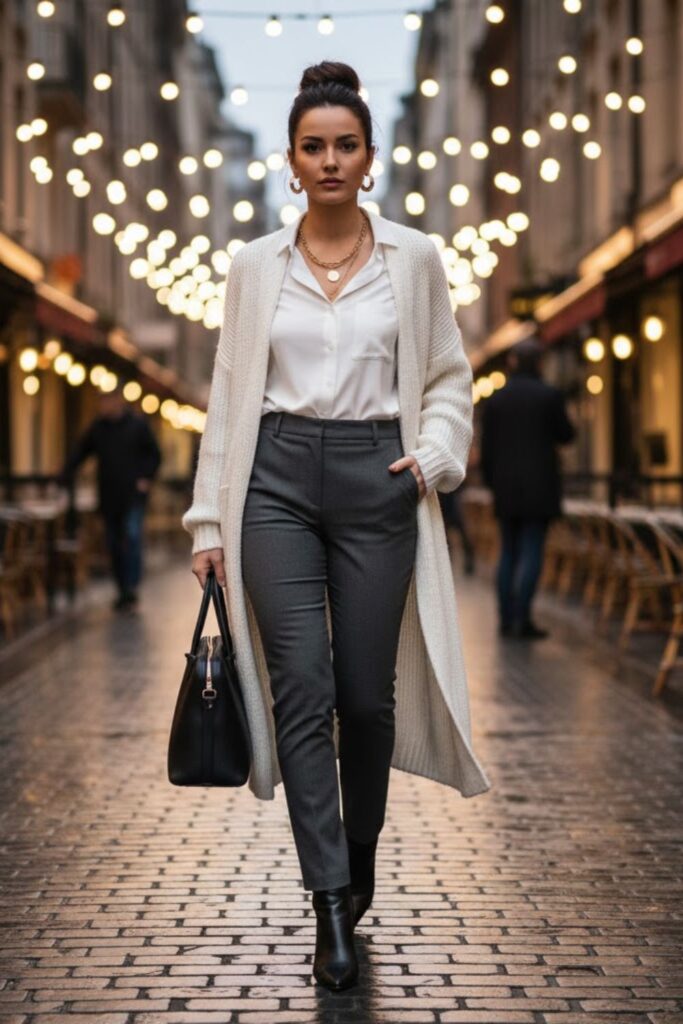 9. With a Button-Down Shirt and Slim Trousers for Office Comfort