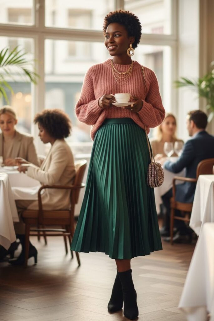 Oversized Sweater with Pleated Midi Skirt