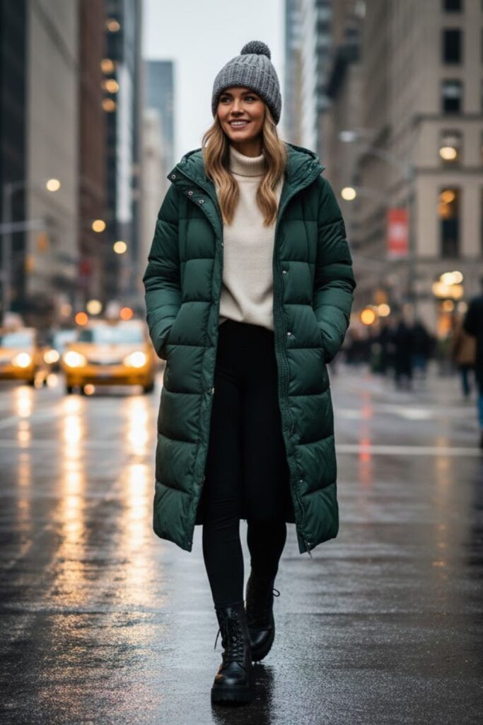 1. Long Puffer Coat with Leggings and Chunky Boots