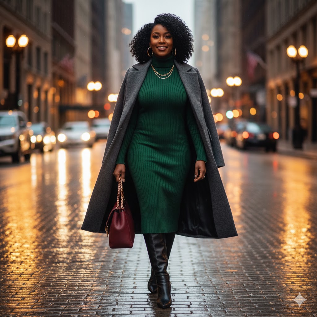 5. Faux Fur Coat with Midi Skirt and Tights