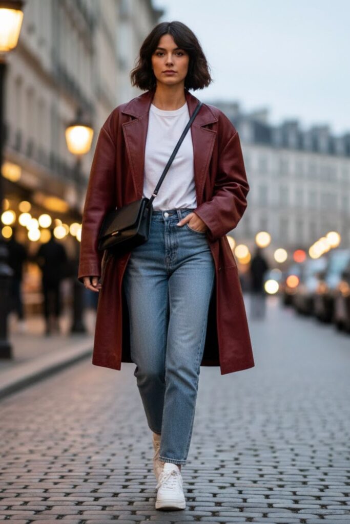 1. Baggy Leather Jacket with White Tee and Straight Jeans