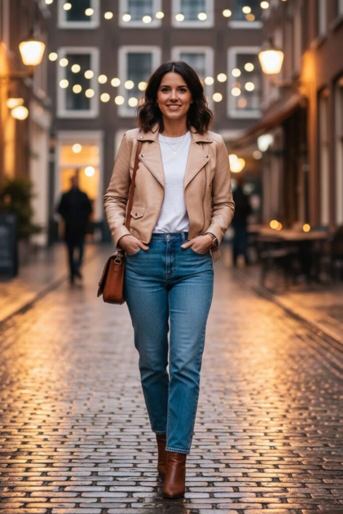 1. Beige Leather Jacket with Blue Straight-Leg Jeans