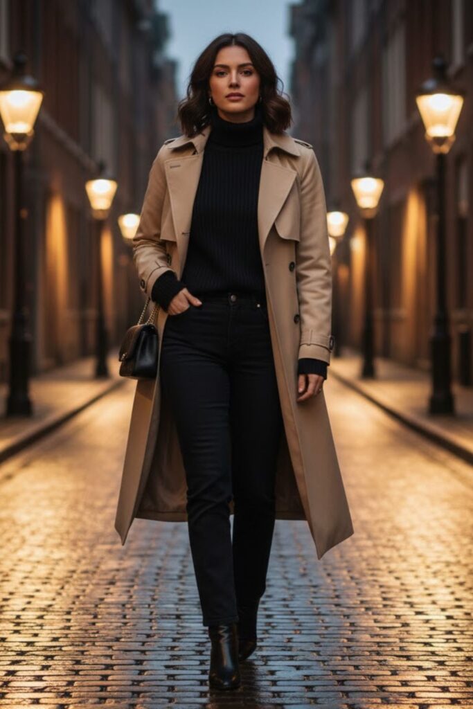 1. Beige Trench Coat With Black Turtleneck and Straight-Leg Jeans
