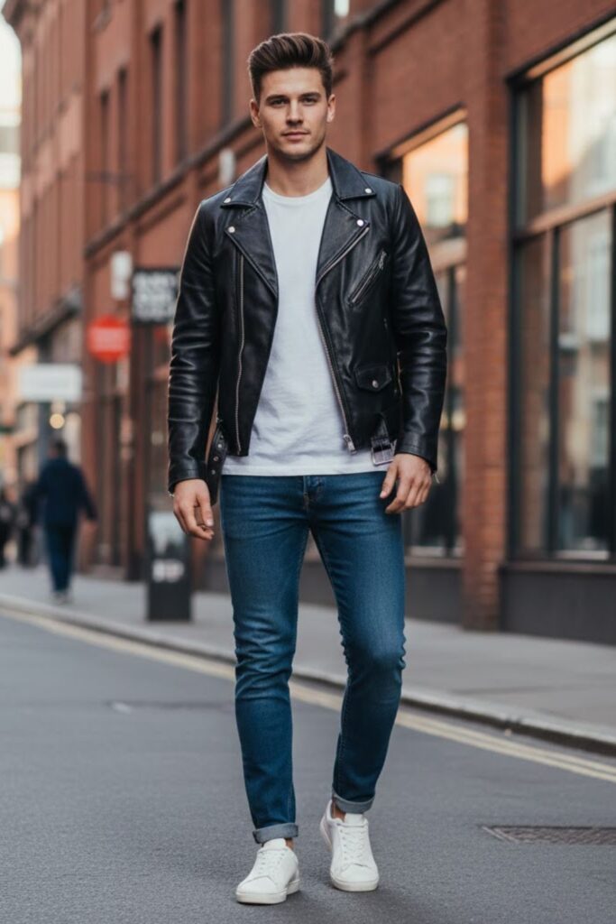 1. Black Leather Jacket Outfit Men with White T-Shirt and Jeans