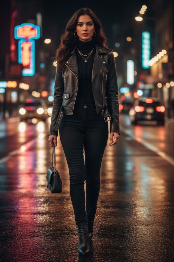 1. Black Leather Jacket with Black Skinny Jeans