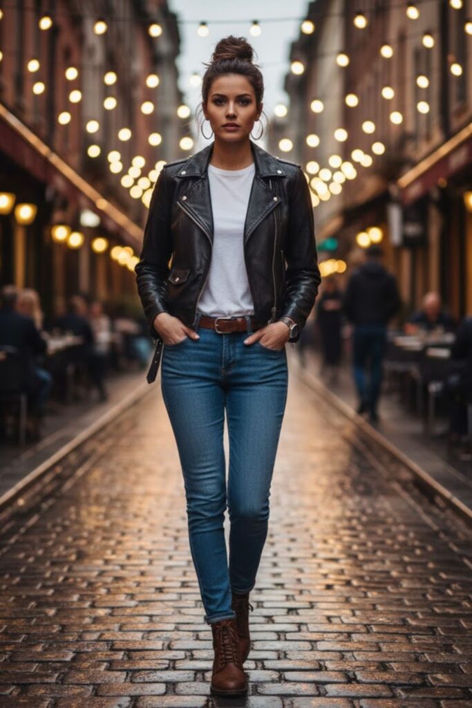1. Black Leather Jacket with Blue Slim Jeans and White T-Shirt