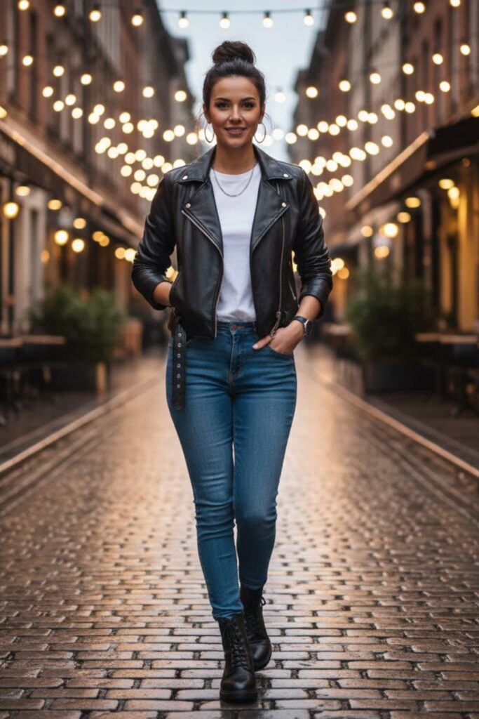 1. Black Leather Jacket with White T-Shirt and Blue Jeans