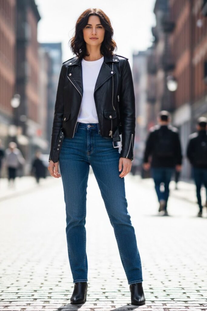 1. Black Leather Jacket with White Tee and Straight Jeans