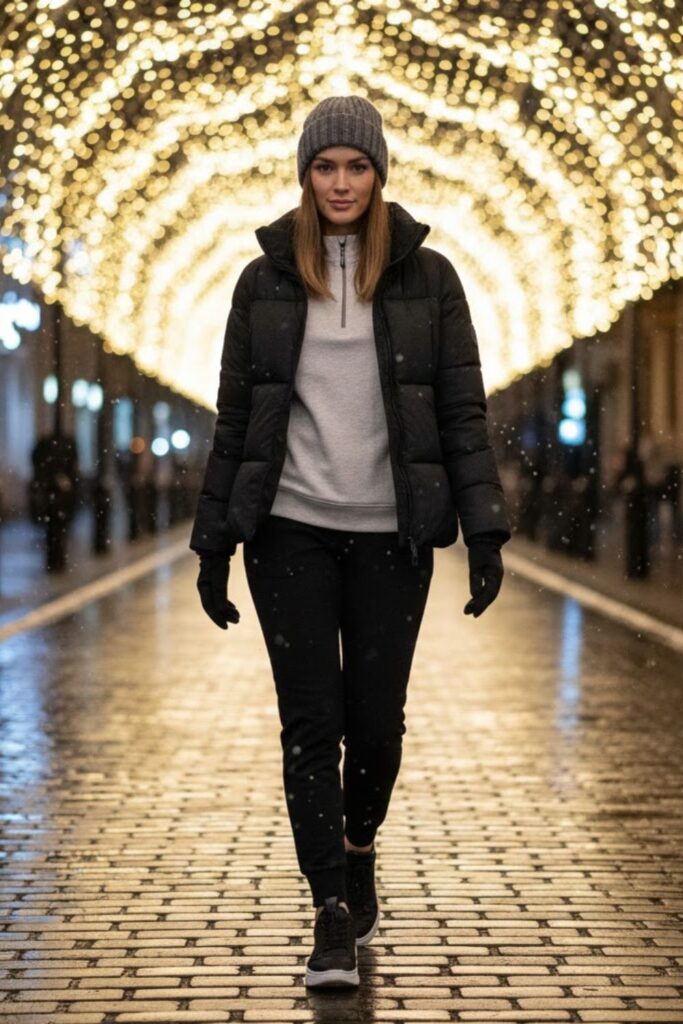 1. Black Sweatpants with Puffer Jacket and Sneakers