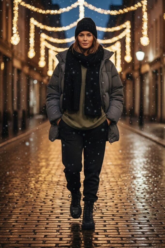 1. Black Sweatpants with Puffer Jacket and Winter Boots