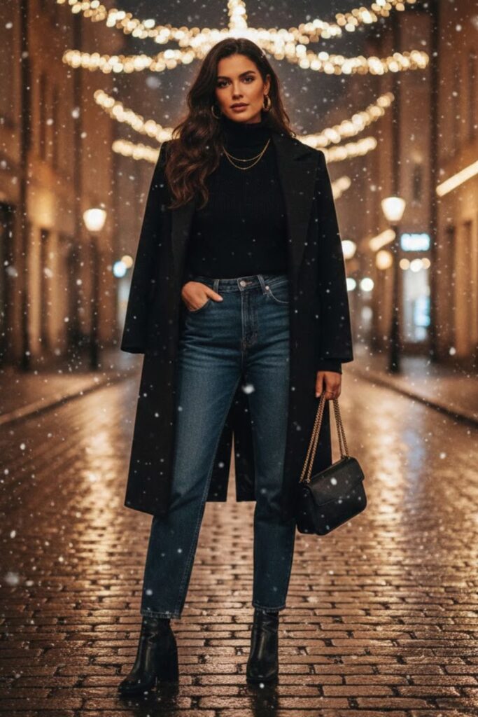 1. Black Turtleneck with High-Waisted Jeans and Ankle Boots