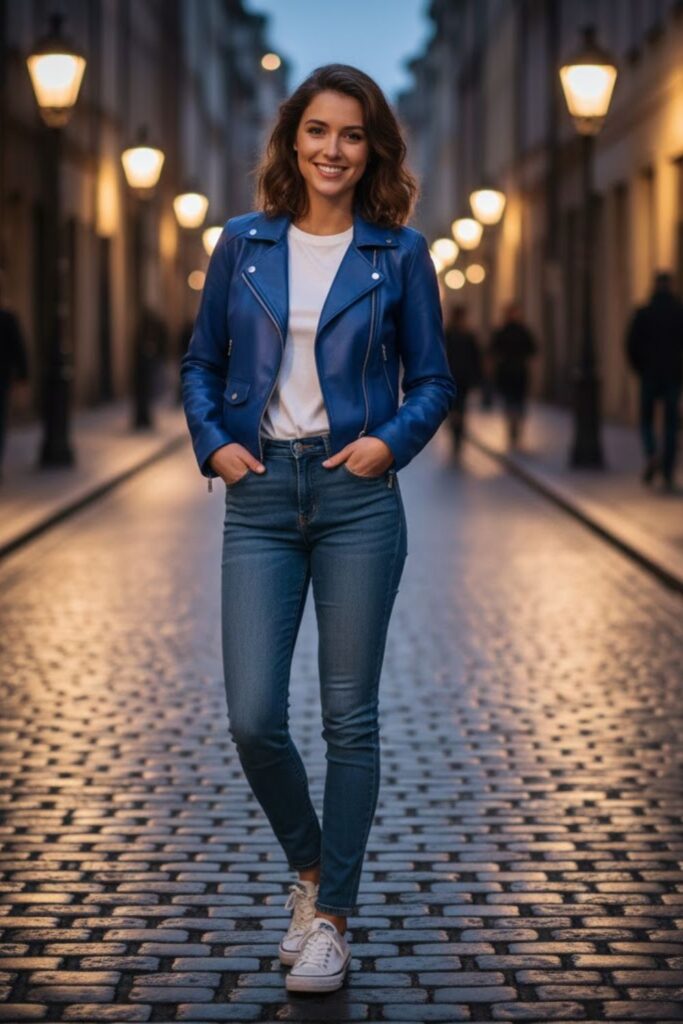 1. Blue Leather Jacket Outfit with White Tee and Denim