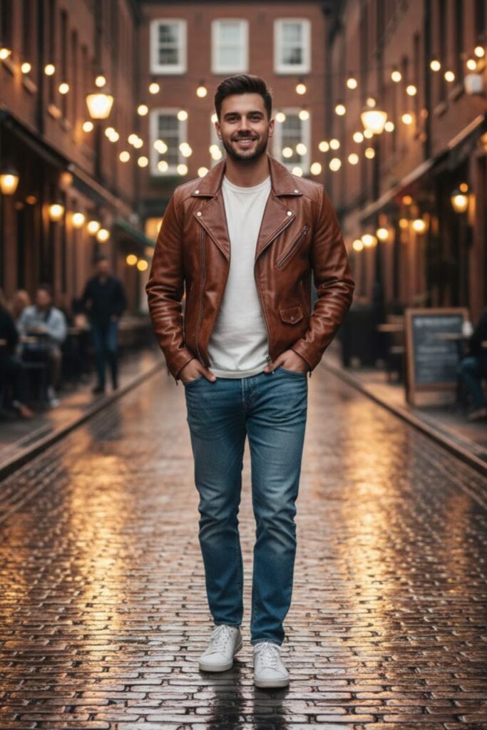 1. Brown Leather Jacket with a White Crew-Neck Tee