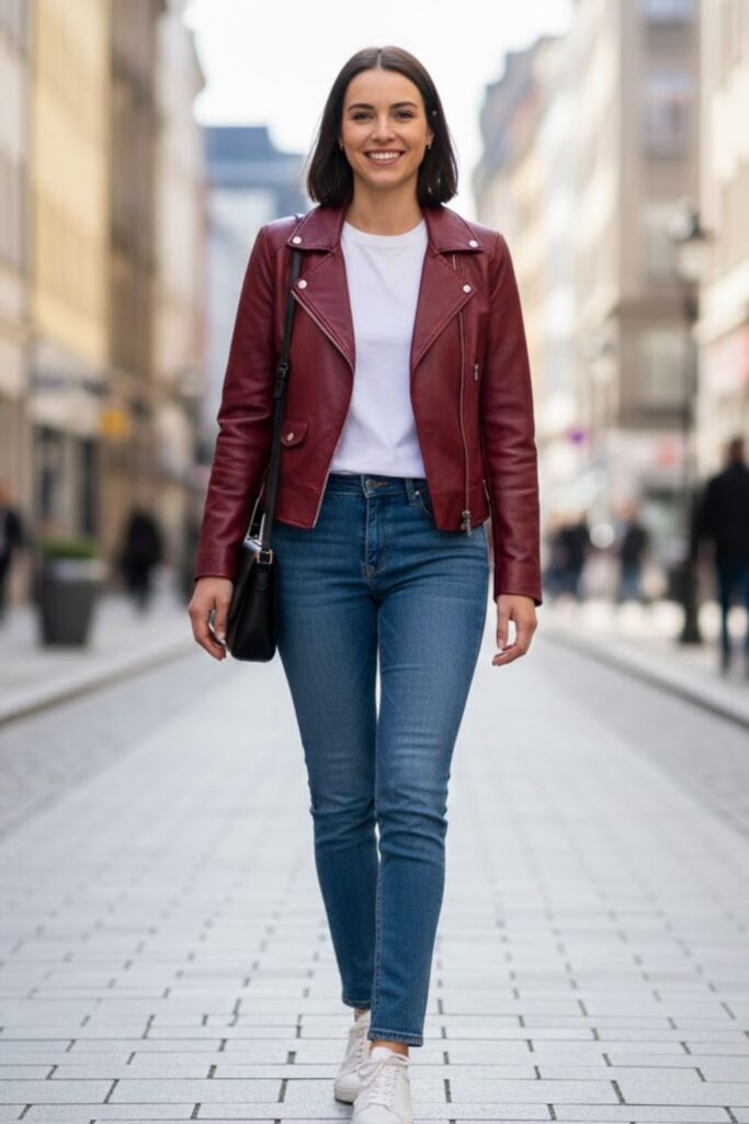 1. Burgundy Leather Jacket Outfit with White Tee and Blue Jeans