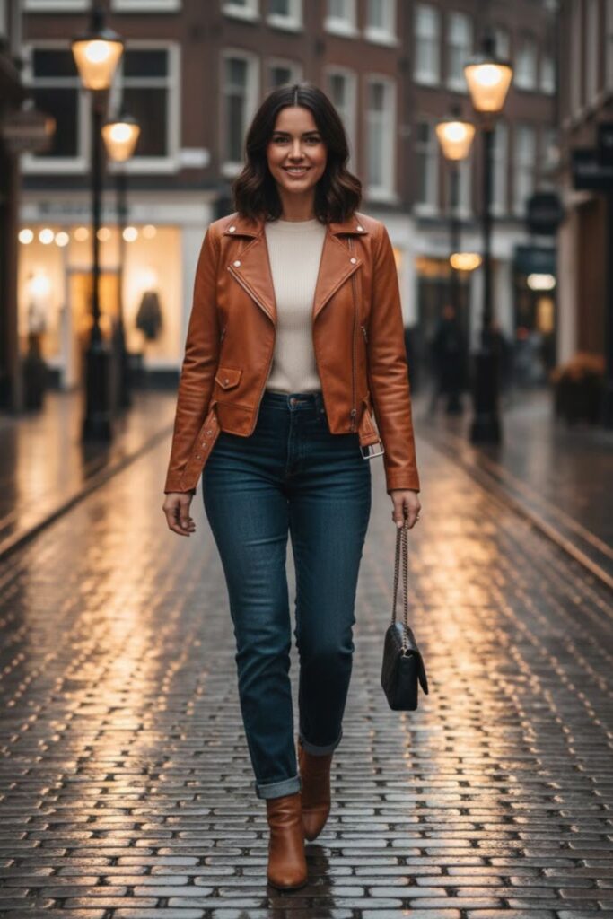 1. Camel Leather Jacket Outfit with Straight-Leg Denim