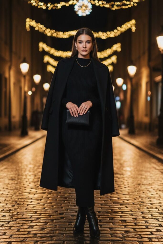 1. Classic Black Coat With Knit Dress
