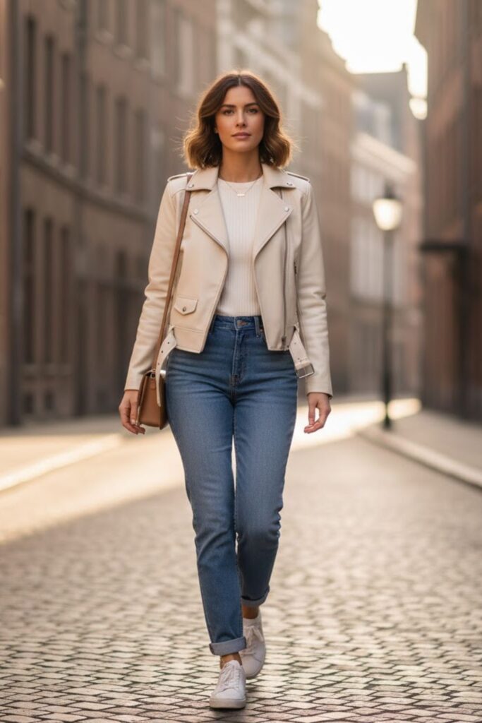 1. Cream Leather Jacket Outfit with Straight-Leg Jeans