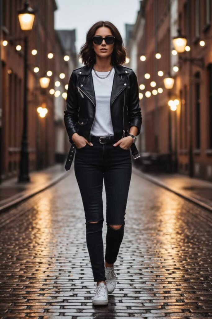 1. Faux Leather Jacket with White Tee and Black Jeans