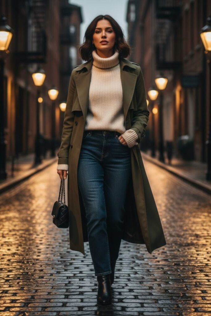 1. Green Trench Coat With Cream Turtleneck and Dark Denim