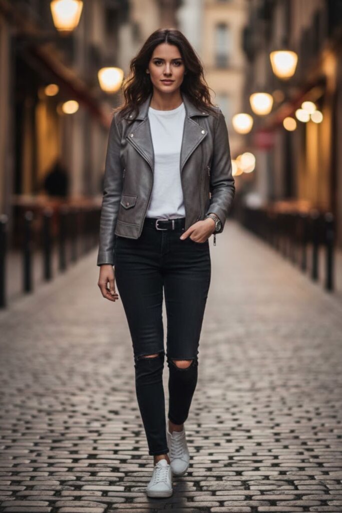 1. Grey Leather Jacket with White T-Shirt and Black Jeans