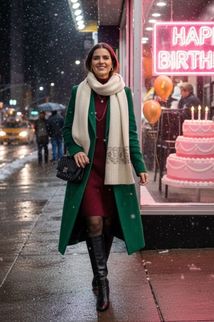 1. Knit Dress With Long Coat and Boots