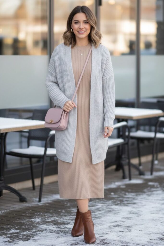 1. Knit Midi Dress With Ankle Boots