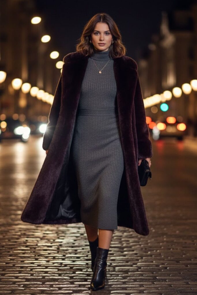 1. Knit Midi Dress With Ankle Boots and Long Coat