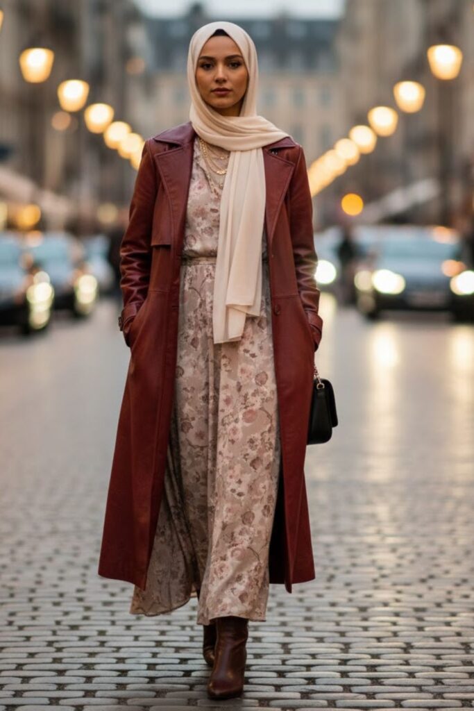 1. Leather Jacket with Maxi Dress and Neutral Hijab