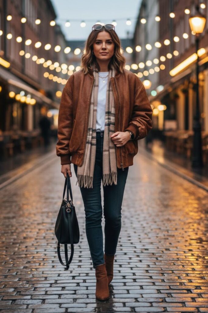 1. Leather Jacket with White T-Shirt and Slim Jeans