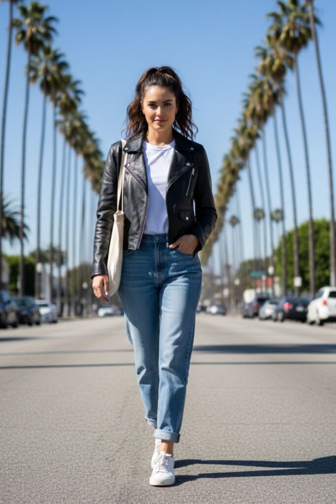 1. Leather Jacket with White Tee and Relaxed Jeans