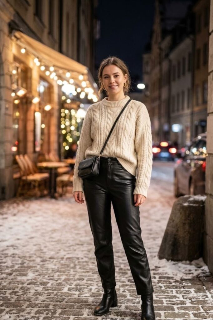 1. Leather Pants Outfit Going Out Winter with Chunky Knit Sweater