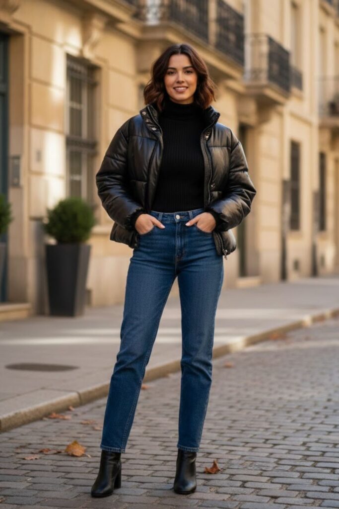 1. Leather Puffer Jacket Outfit with Black Turtleneck