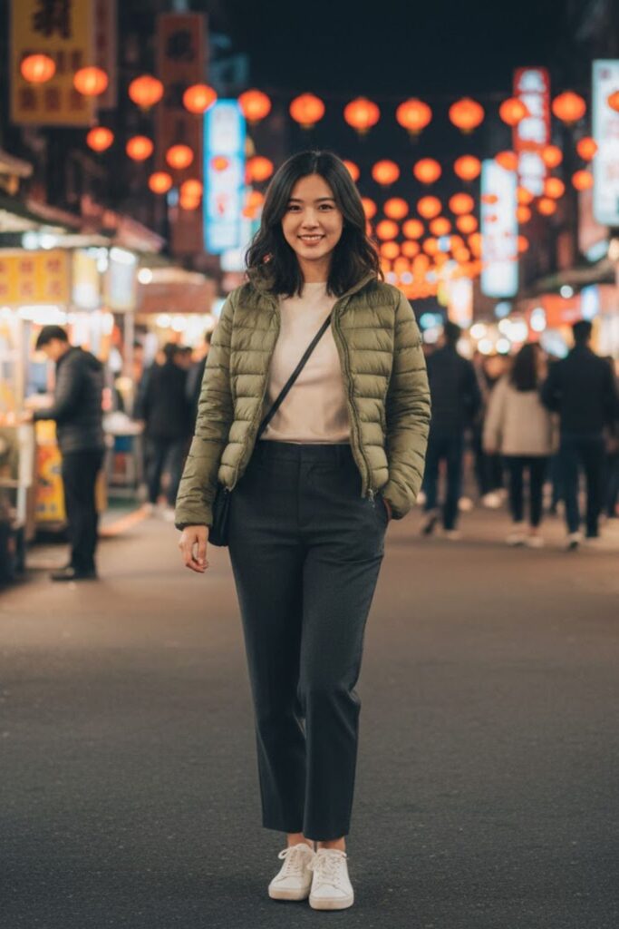 1. Light Puffer Jacket with Straight-Leg Pants