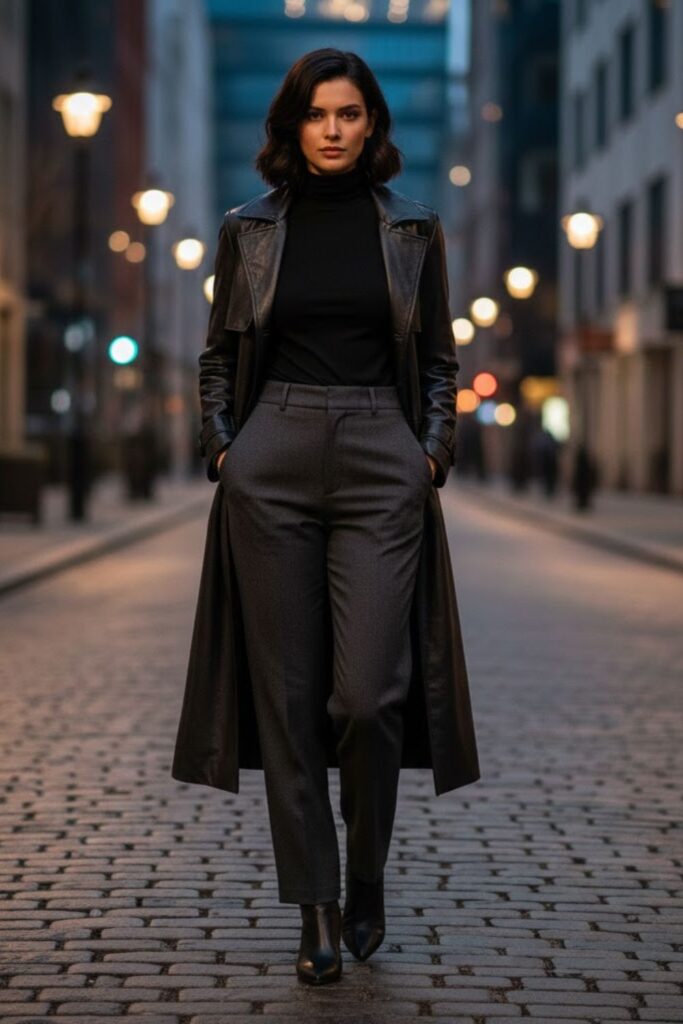 1. Long Leather Jacket with a Fitted Black Turtleneck