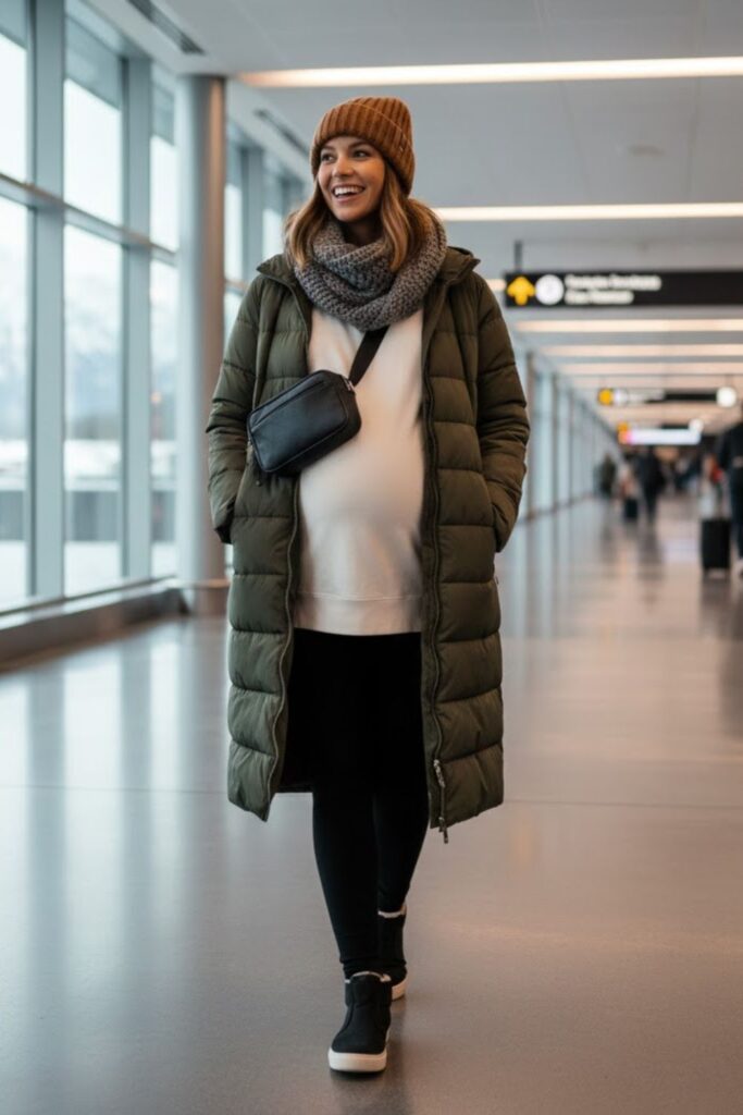 1. Long Maternity Puffer Coat with Leggings