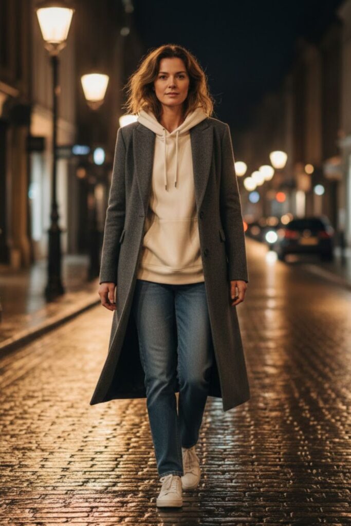 1. Long coat outfit casual with hoodie and jeans