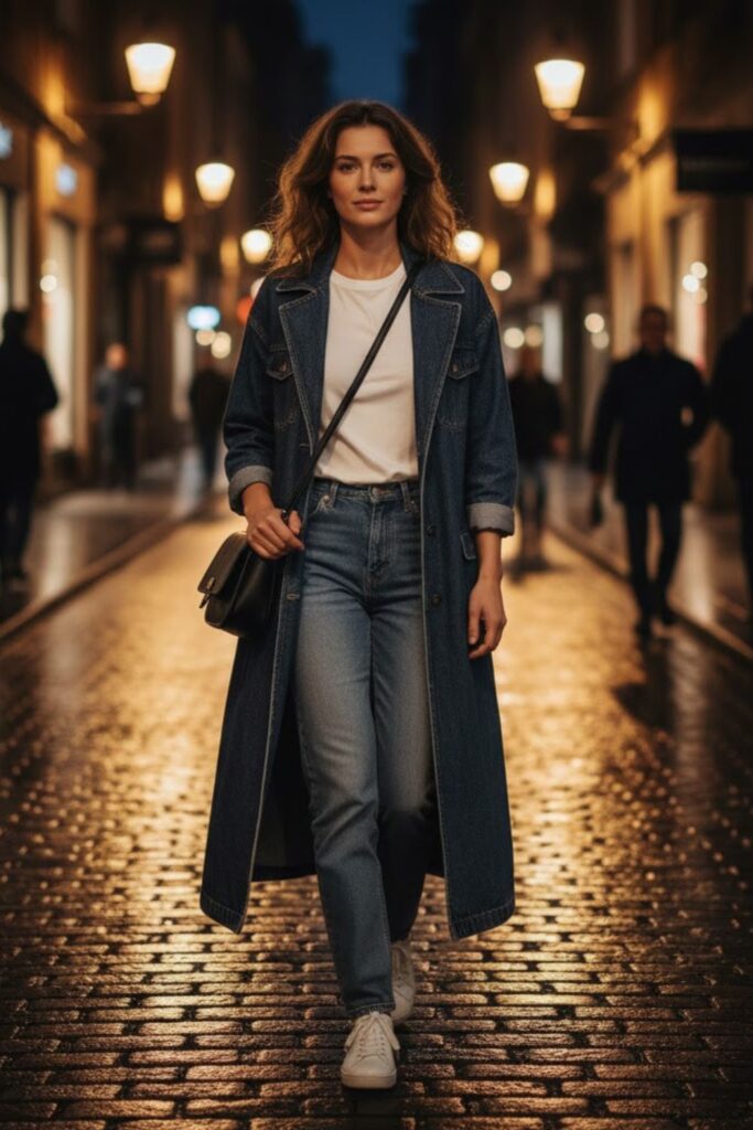 1. Long denim coat outfit with white t-shirt and straight jeans