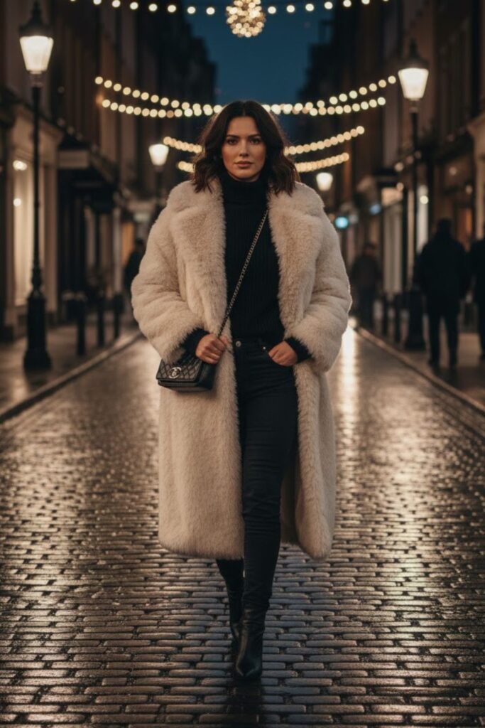 1. Long fluffy coat outfit with black turtleneck and slim jeans
