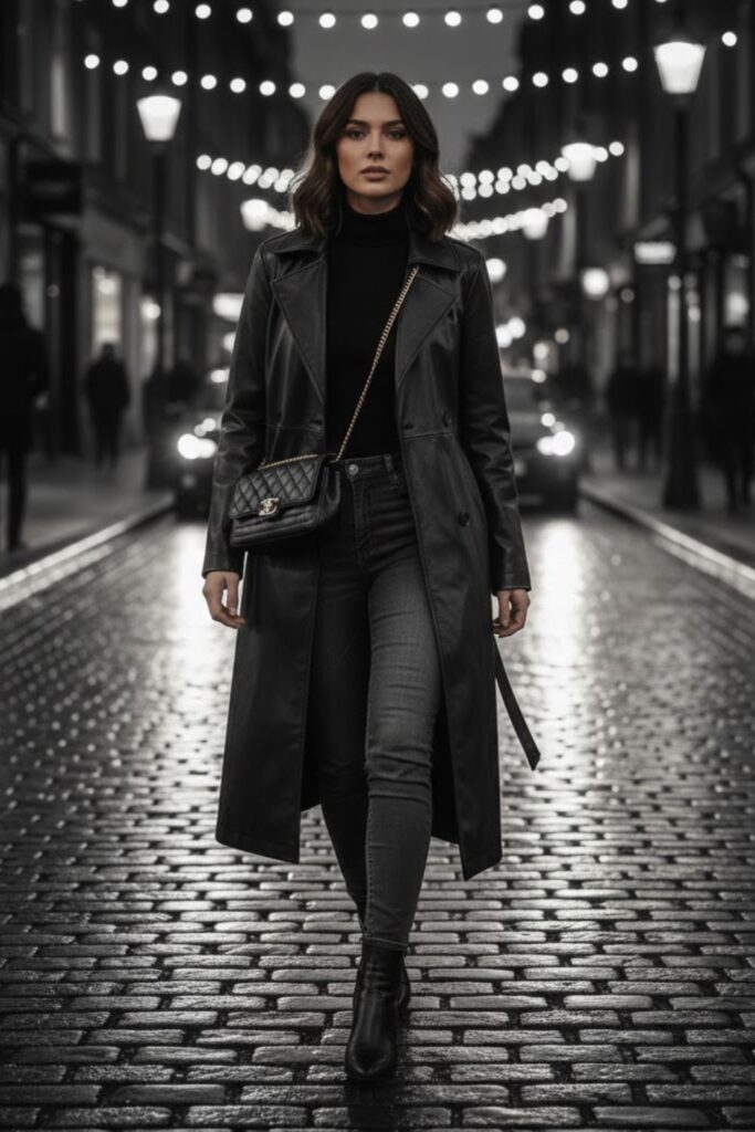 1. Long leather coat outfit with black turtleneck and slim jeans