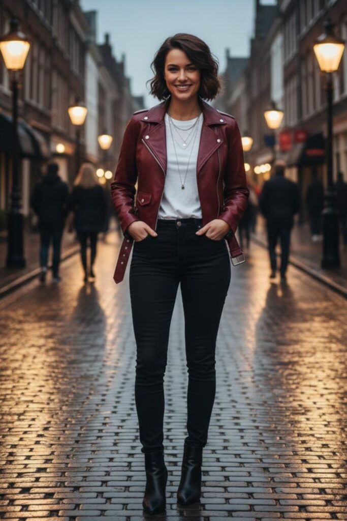 1. Maroon Leather Jacket with Black Skinny Jeans