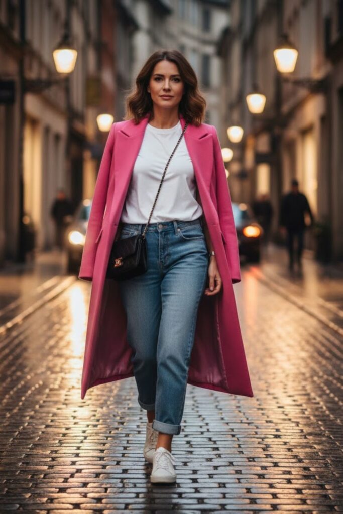 1. Pink long coat outfit with white tee and blue jeans
