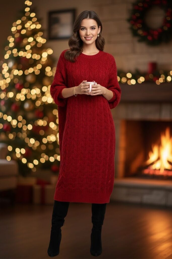 1. Red Knit Dress With Black Boots