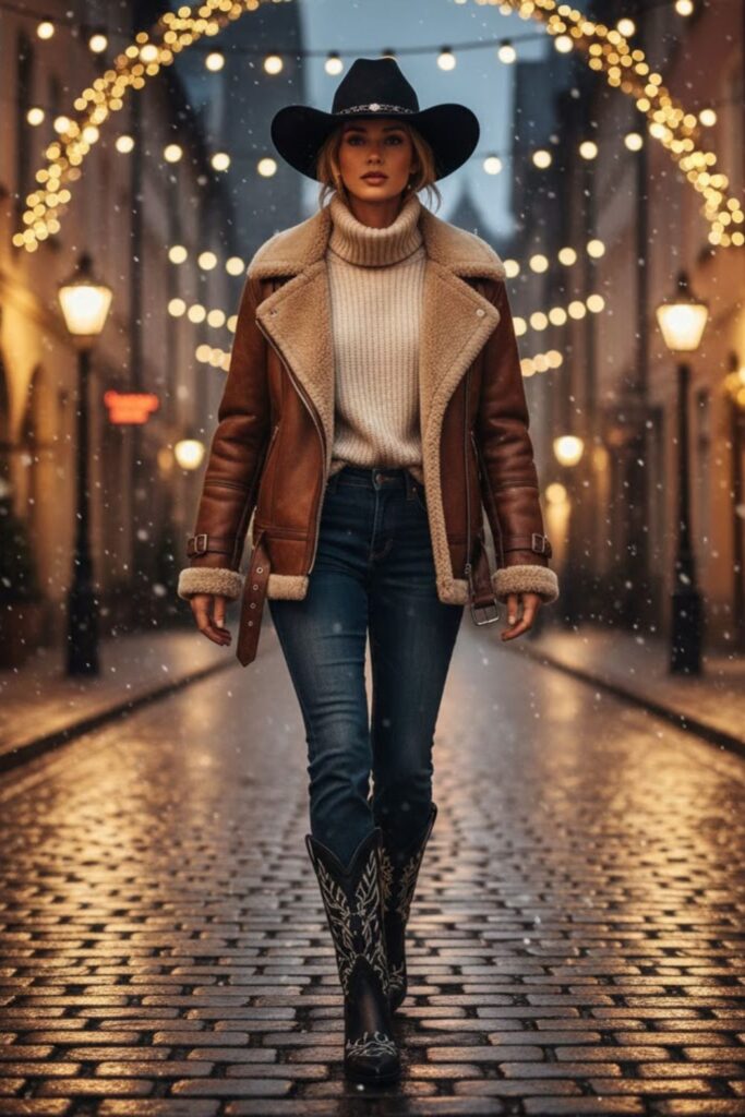 1. Shearling Jacket, Bootcut Jeans, and Embroidered Boots