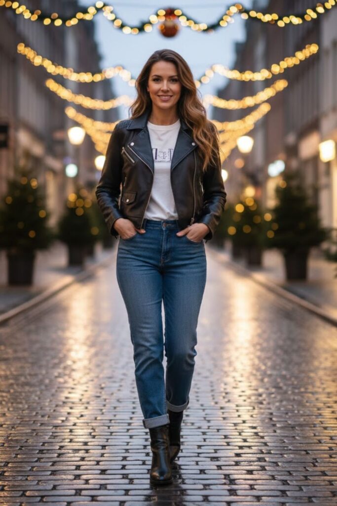 1. Short Leather Jacket with Straight-Leg Jeans