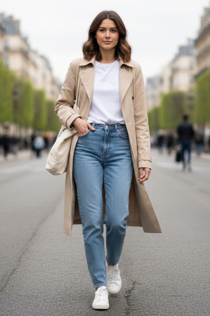 1. Spring Trench Coat with White Tee and Straight Jeans