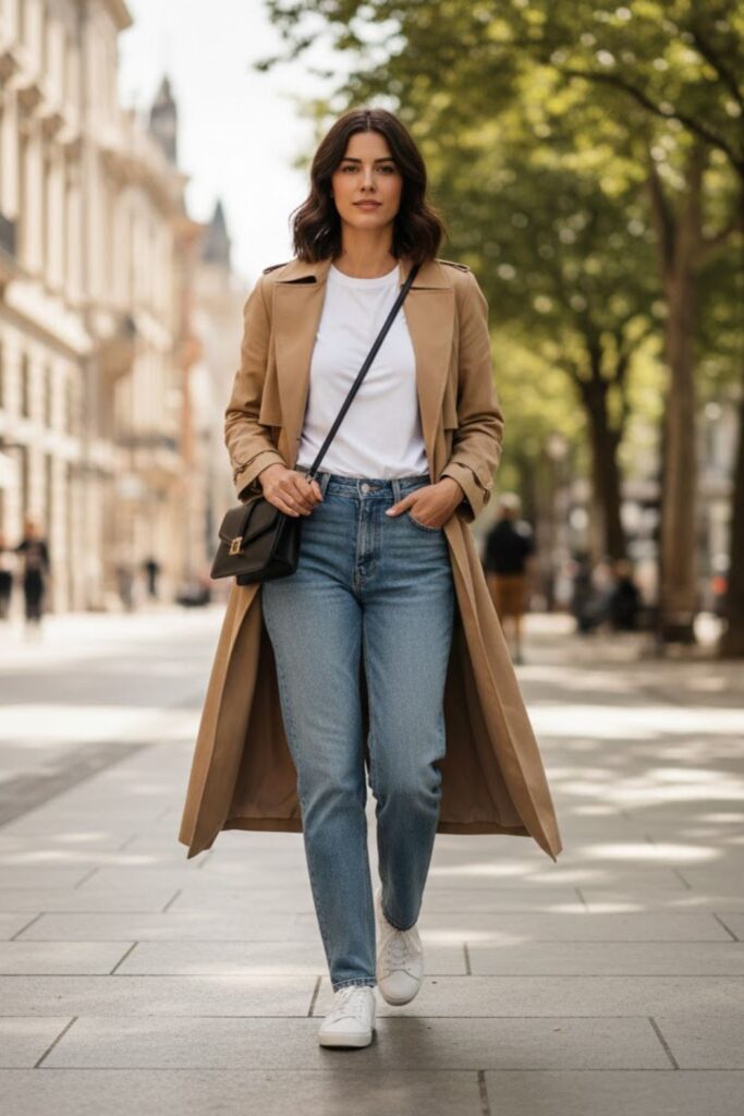 1. Tan Trench Coat with White Tee and Straight Jeans