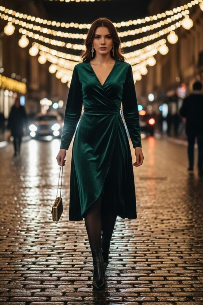 1. Velvet Wrap Dress With Tights